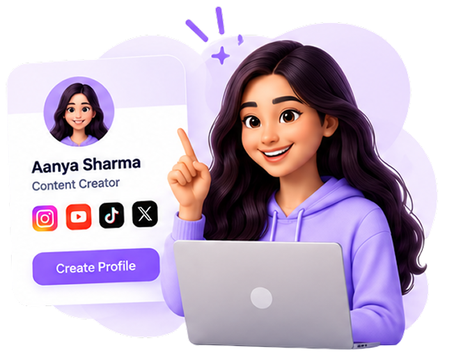 Creator profile card with social icons and a laptop