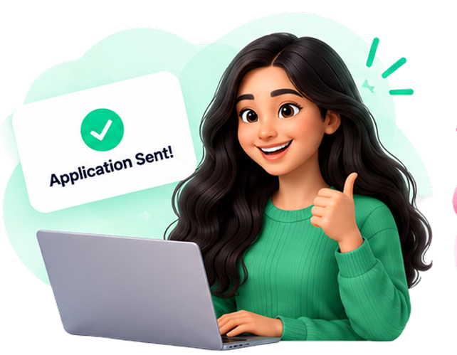 Creator with laptop and application sent badge