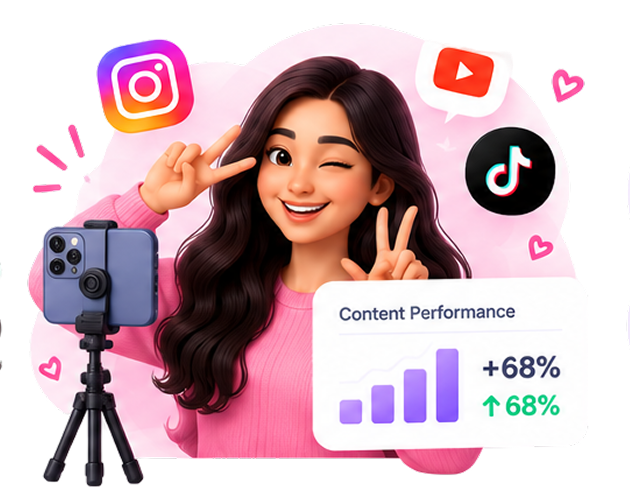 Creator with phone tripod and content performance stats